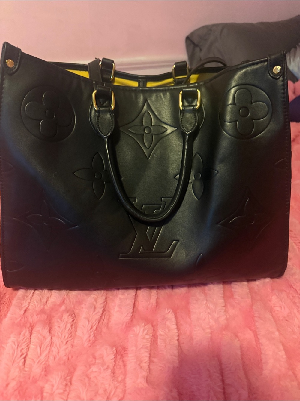 Black Embossed Tote Bag with Gold Hardware